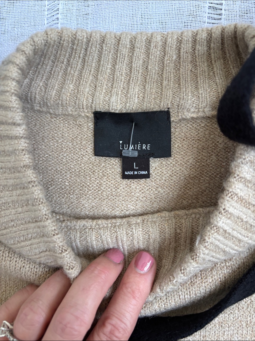 Lumiere’s Beige Cold-Shoulder Knit Sweater with Black Tie Details - Picture 9 of 13